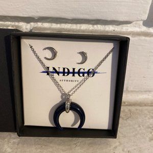 Indigo Authority Crescent Horn Moon Silver Necklace and Earrings Set NWT